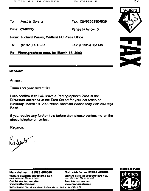 FC Watford Fax